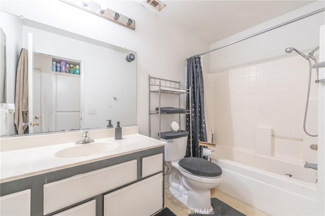 full bath with toilet, vanity, visible vents, and shower / bathtub combination with curtain