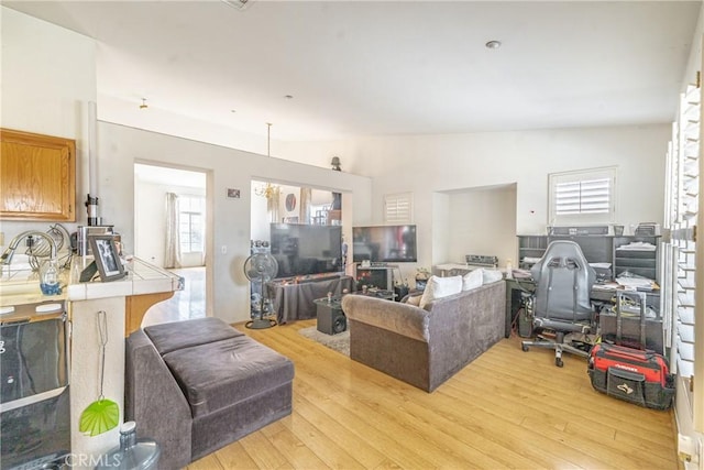 living room featuring light wood-type flooring and vaulted ceiling