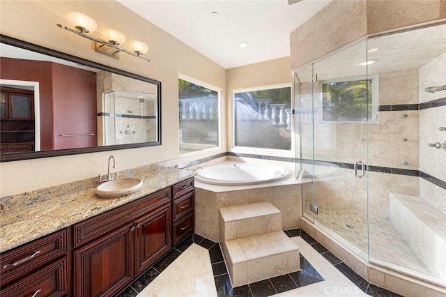 bathroom with recessed lighting, a shower stall, vanity, tile patterned flooring, and a bath