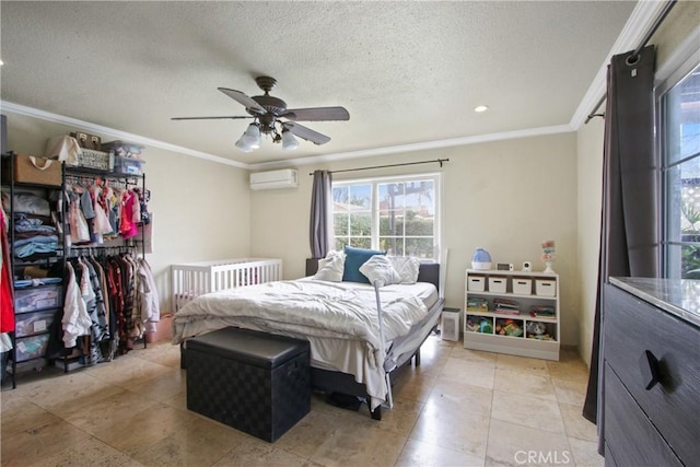 bedroom featuring a textured ceiling, an AC wall unit, and ornamental molding