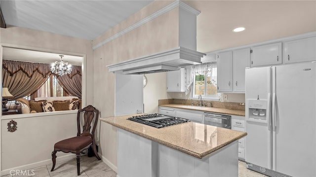 kitchen with white refrigerator with ice dispenser, dishwasher, custom range hood, gas cooktop, and a sink