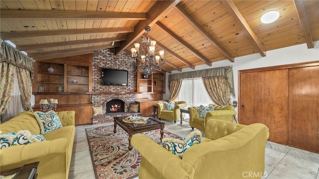 living room with lofted ceiling with beams, wood ceiling, a brick fireplace, built in shelves, and a chandelier