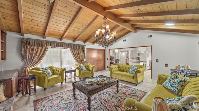 living room with a chandelier, beam ceiling, visible vents, and wooden ceiling