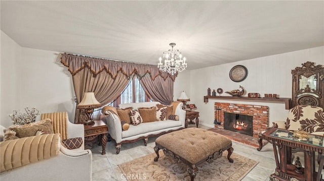 living room with a fireplace and a chandelier