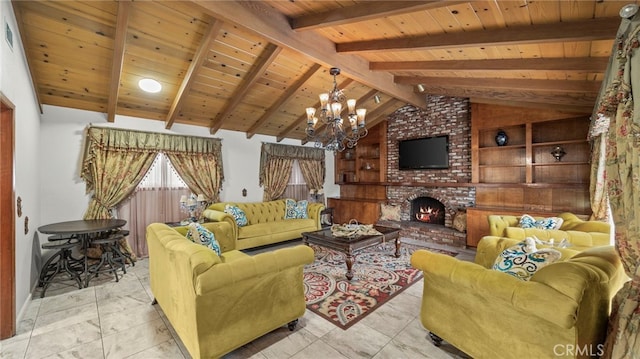 living area featuring vaulted ceiling with beams, a brick fireplace, wooden ceiling, and a notable chandelier