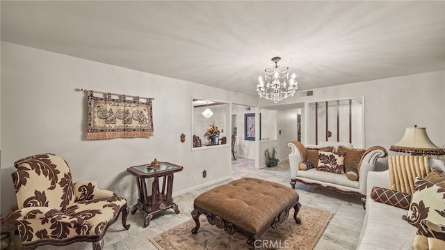 interior space featuring visible vents, a notable chandelier, baseboards, and light tile patterned floors