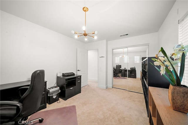 office with a chandelier, light colored carpet, visible vents, and baseboards