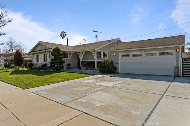 single story home with a garage, concrete driveway, roof with shingles, and a front yard