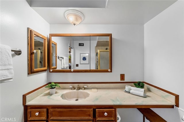 bathroom with a shower stall and vanity