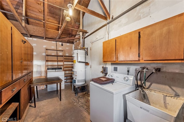 laundry room featuring a sink, washer / dryer, water heater, and cabinet space