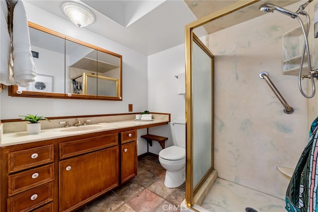 bathroom with toilet, a shower stall, and vanity