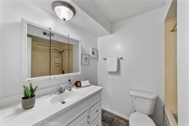 full bath featuring baseboards, visible vents, toilet, walk in shower, and vanity