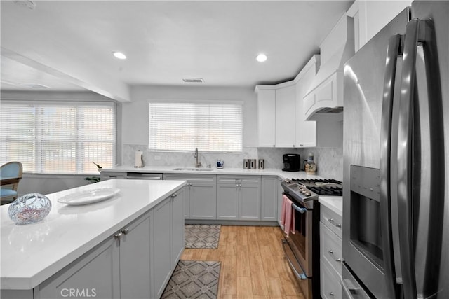 kitchen featuring light countertops, visible vents, decorative backsplash, appliances with stainless steel finishes, and a sink