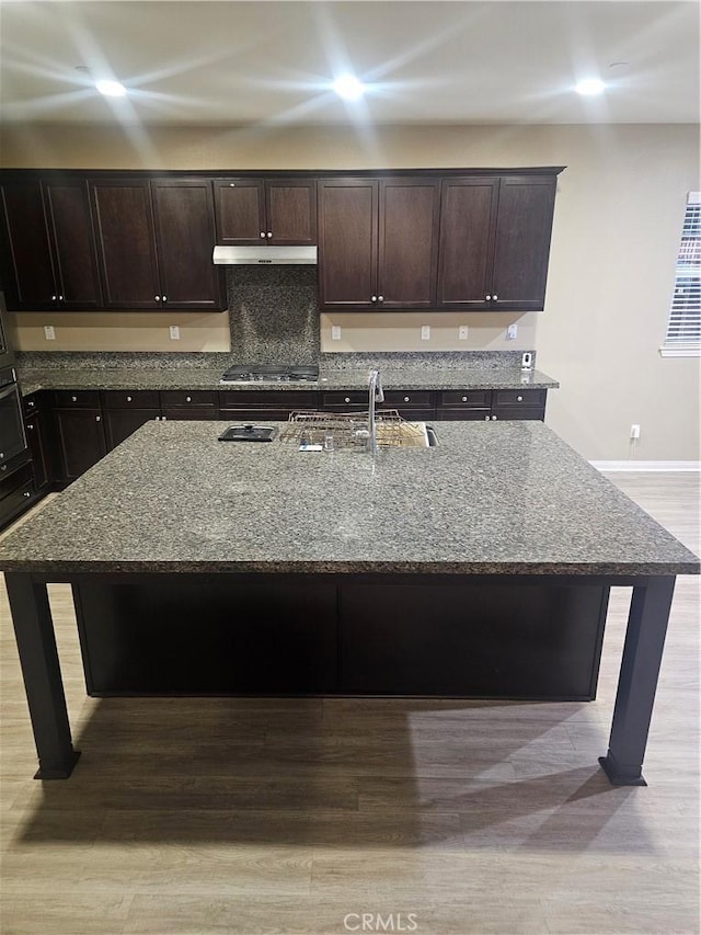 kitchen with an island with sink, under cabinet range hood, stone countertops, wood finished floors, and dark brown cabinets