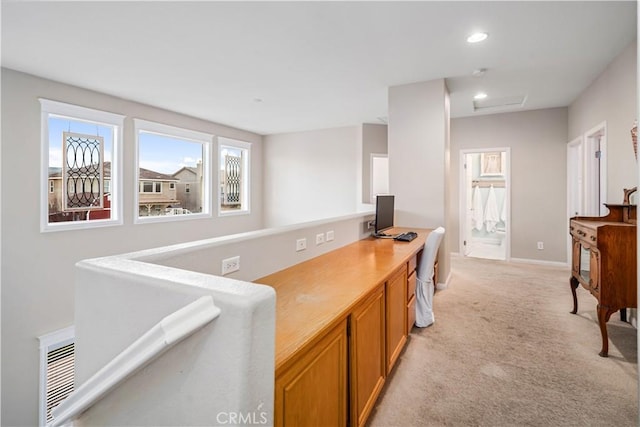 office area with recessed lighting, light colored carpet, visible vents, and baseboards