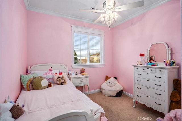 bedroom with crown molding, baseboards, a ceiling fan, and light colored carpet