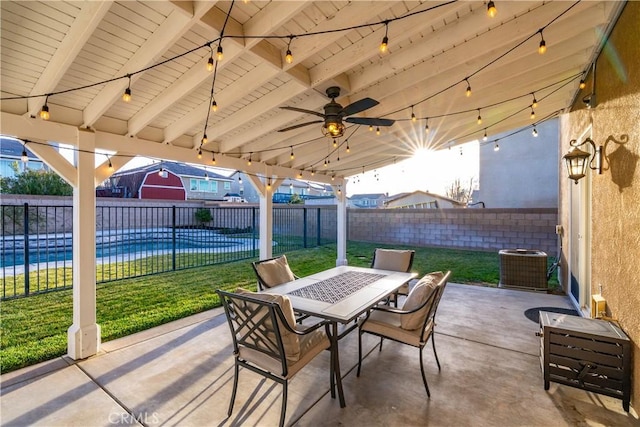 view of patio / terrace featuring a fenced in pool, outdoor dining area, a fenced backyard, and central AC unit