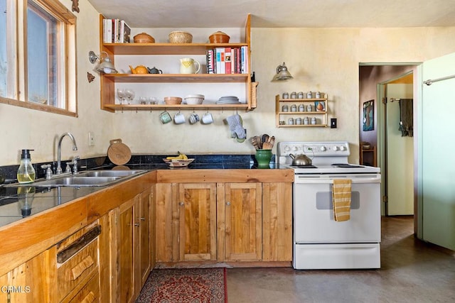 kitchen with white electric stove, tile countertops, concrete floors, a sink, and brown cabinetry