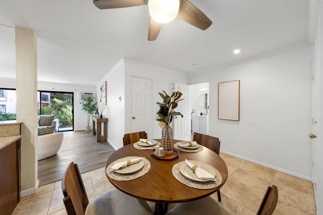 dining area featuring light tile patterned floors, ceiling fan, recessed lighting, baseboards, and crown molding