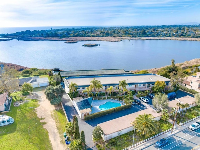 drone / aerial view featuring a water view