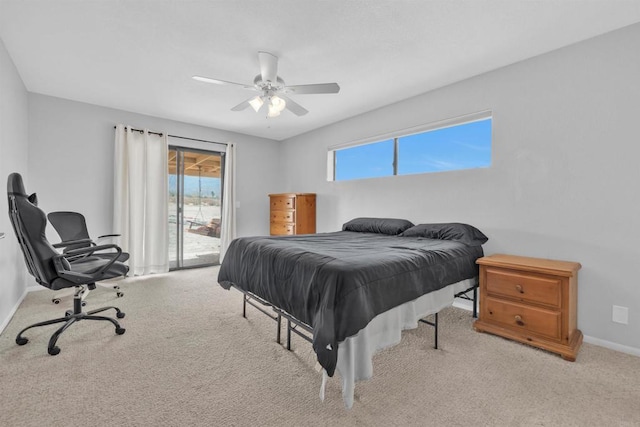 bedroom featuring ceiling fan, carpet, baseboards, and access to outside