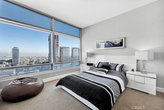 bedroom with a view of city, carpet flooring, and baseboards