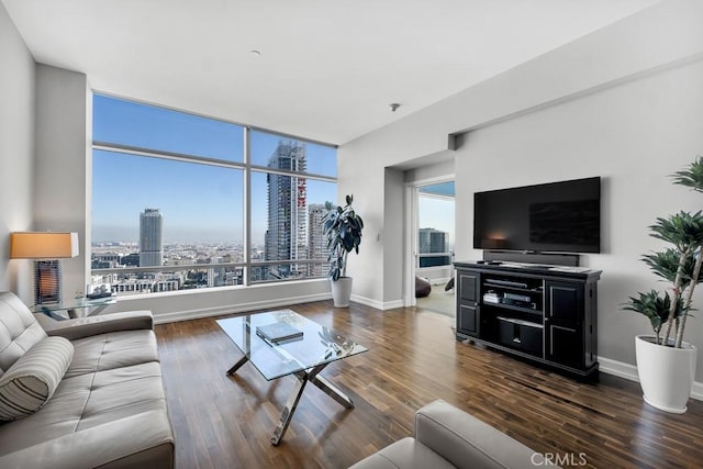 living area featuring wood finished floors and baseboards