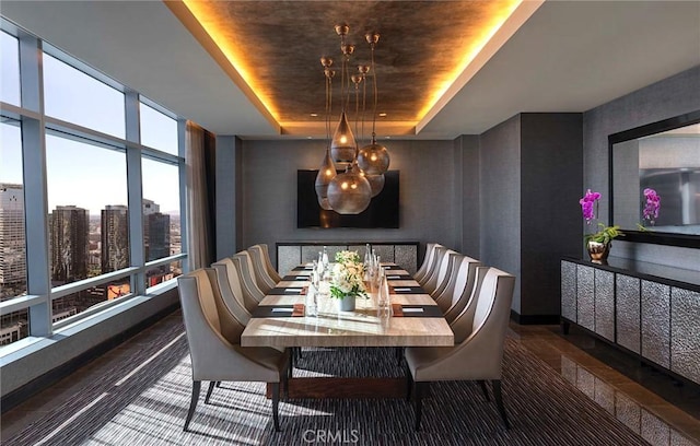 dining area with expansive windows and a tray ceiling