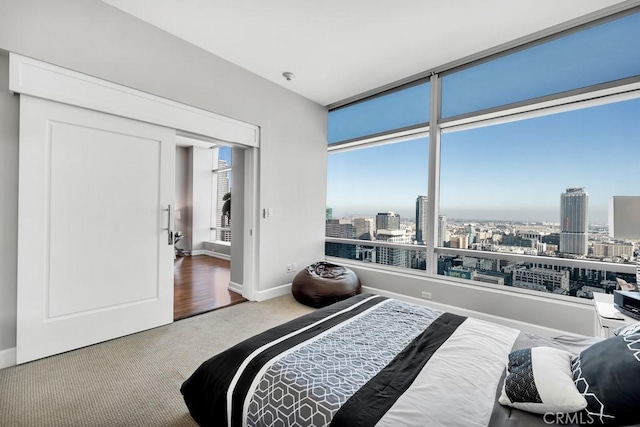 carpeted bedroom featuring baseboards and a city view