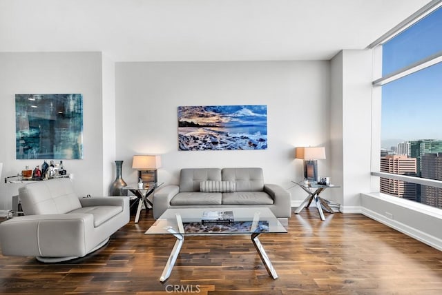 living area with baseboards and wood finished floors