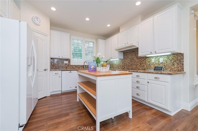 kitchen with open shelves, white cabinetry, wood finished floors, white appliances, and under cabinet range hood