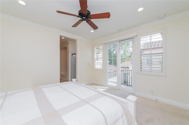 unfurnished bedroom with baseboards, ornamental molding, access to exterior, carpet floors, and recessed lighting