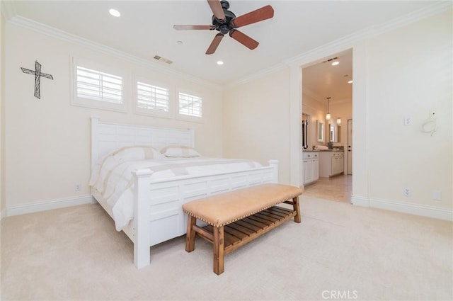 bedroom with light carpet, visible vents, and crown molding