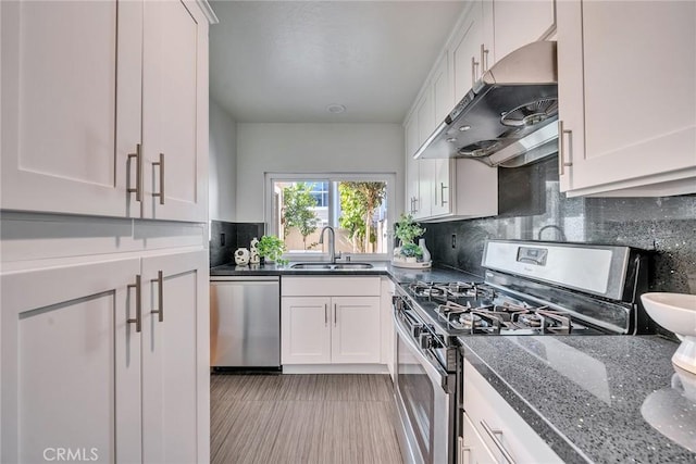 kitchen featuring under cabinet range hood, stainless steel appliances, a sink, white cabinets, and tasteful backsplash