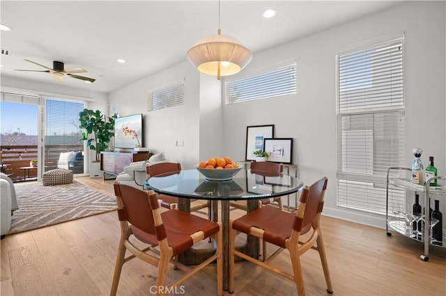 dining space featuring recessed lighting, light wood-style flooring, and ceiling fan