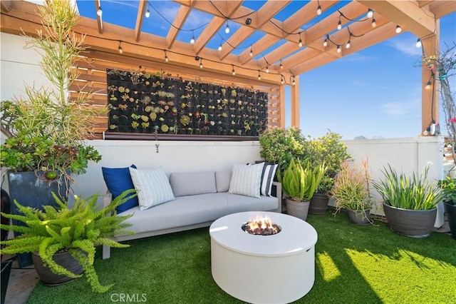 view of patio featuring a pergola, an outdoor living space with a fire pit, and fence