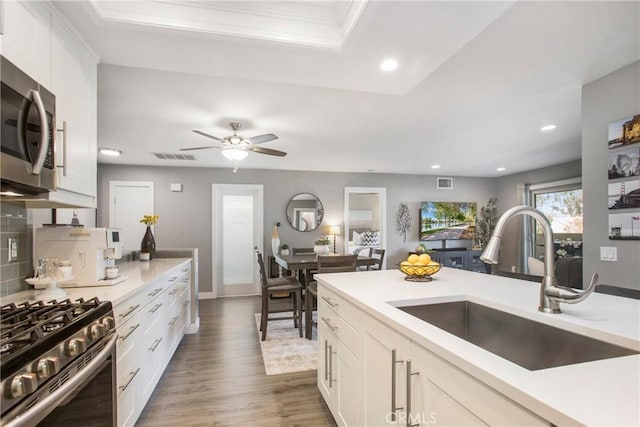 kitchen with white cabinets, appliances with stainless steel finishes, wood finished floors, light countertops, and a sink