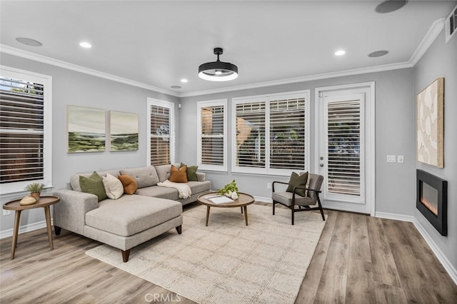 living area with baseboards, ornamental molding, wood finished floors, and a glass covered fireplace