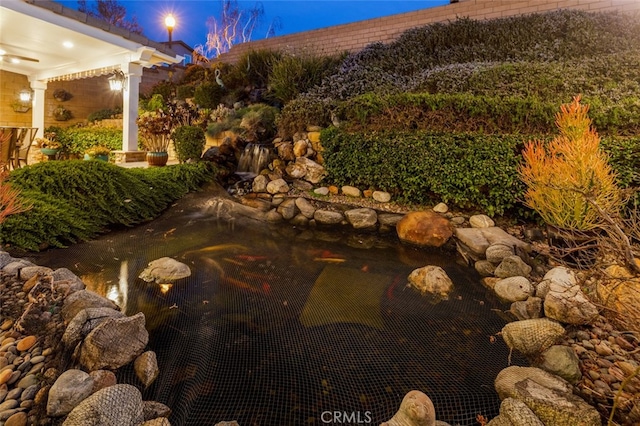 view of yard with a small pond