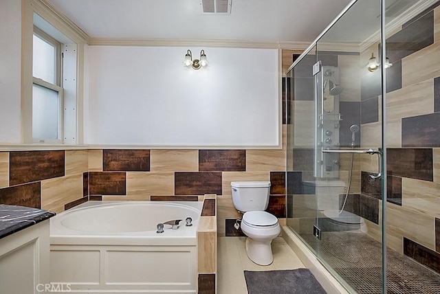 full bathroom with visible vents, toilet, ornamental molding, a stall shower, and a bath