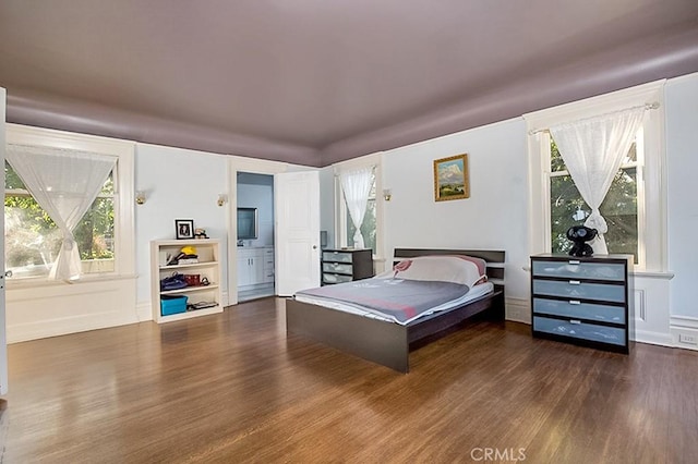 bedroom featuring wood finished floors and connected bathroom