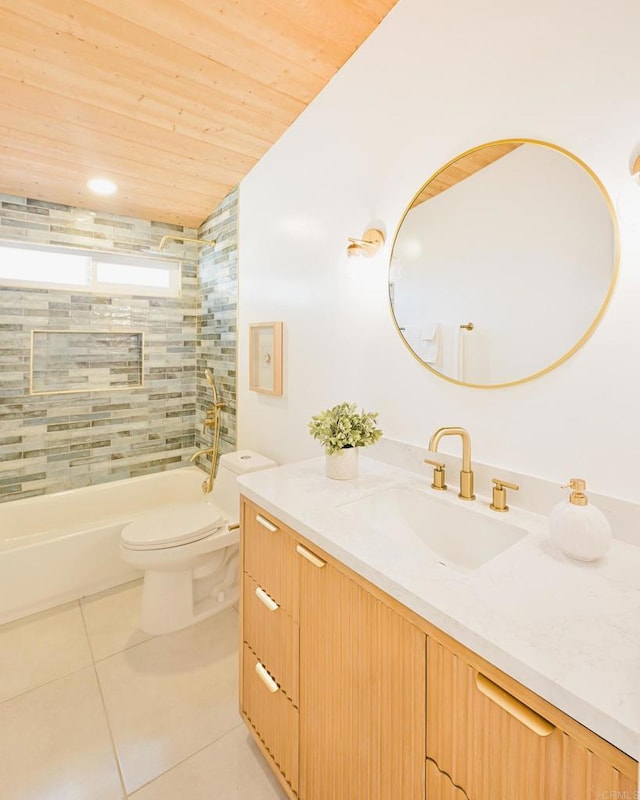 bathroom with wooden ceiling, toilet, bathing tub / shower combination, vanity, and tile patterned floors