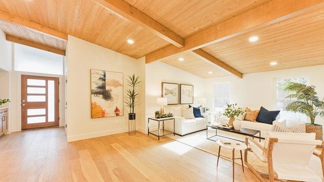 living room featuring wood ceiling, lofted ceiling with beams, and light wood finished floors