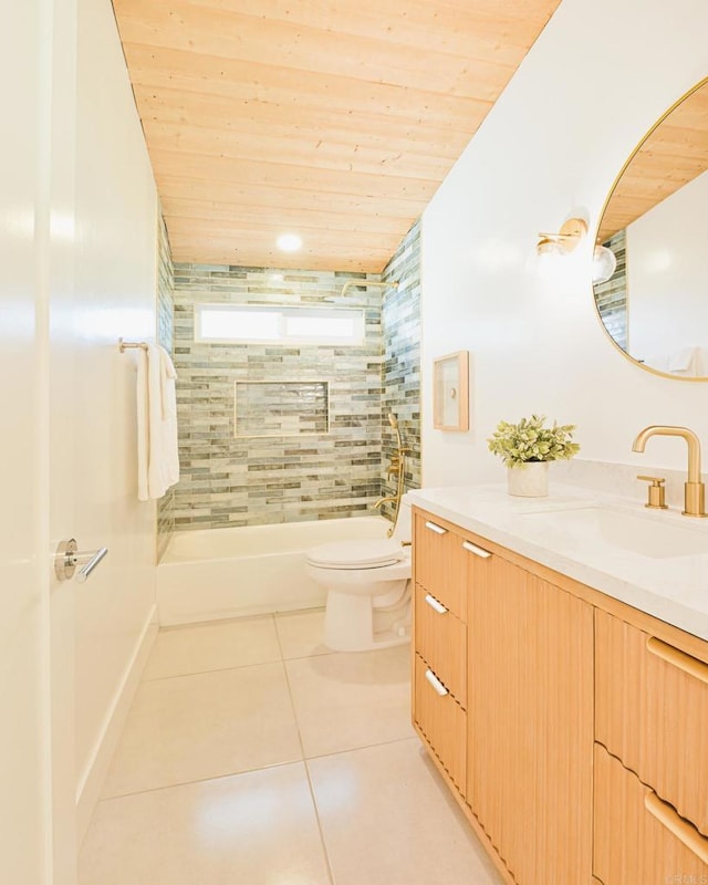 full bathroom featuring toilet, wooden ceiling, shower / tub combination, tile patterned flooring, and vanity