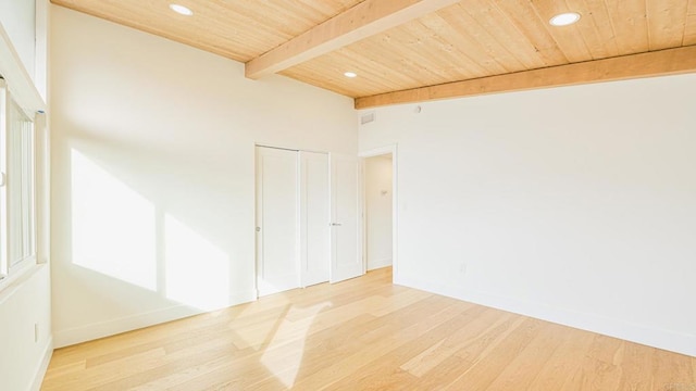 spare room with recessed lighting, wooden ceiling, and wood finished floors