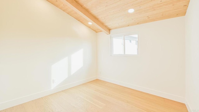 unfurnished room featuring light wood-type flooring, wood ceiling, baseboards, and recessed lighting