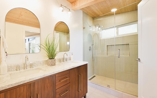 full bathroom with wood ceiling, a sink, a shower stall, and double vanity