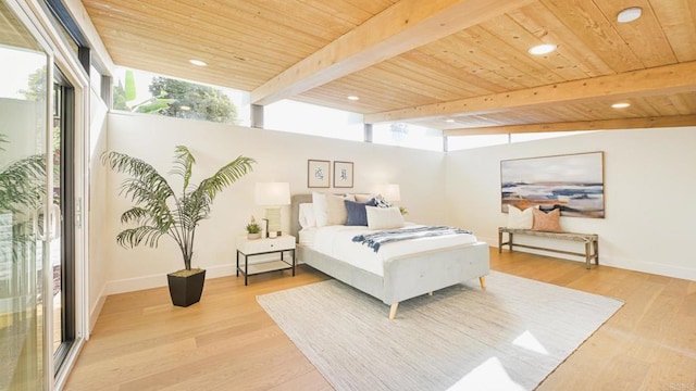 bedroom with wood ceiling, wood finished floors, and beam ceiling