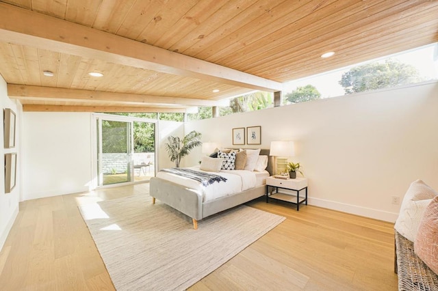 bedroom with beam ceiling, wood finished floors, access to outside, wooden ceiling, and baseboards