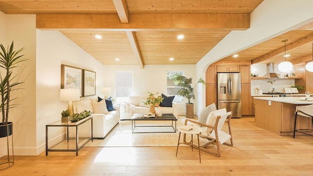 living room with lofted ceiling with beams, wood ceiling, and recessed lighting